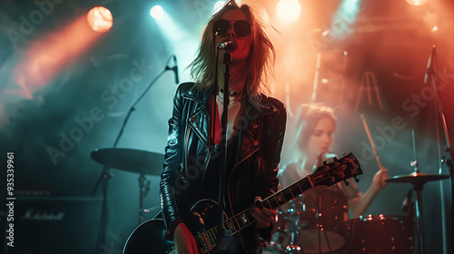 a woman singing into an microphone, female singer at a rock concert, girl singing to a microphone on stage, artificial stage concert lighting, female singer
