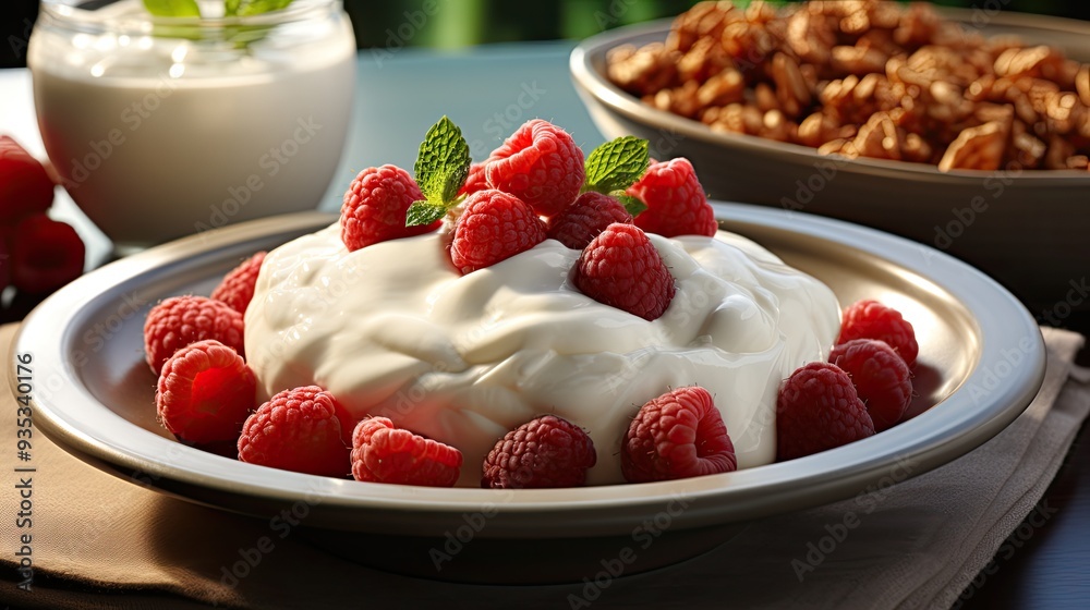 Bowl with greek yogurt, raspberries and walnut on blue table top view. Healthy diet breakfast. Bowl with greek yogurt, raspberries and walnut on blue table top view. Healthy diet breakfast.