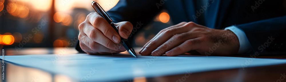A man is writing on a piece of paper with a pen. Concept of professionalism and focus, as the man is dressed in a suit and he is in a business setting A man is writing on a piece of paper with a pen. Concept of professionalism and focus, as the man is dressed in a suit and he is in a business setting