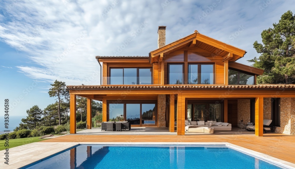 Modern Wooden House with Swimming Pool and Ocean View. Modern Wooden House with Swimming Pool and Ocean View.