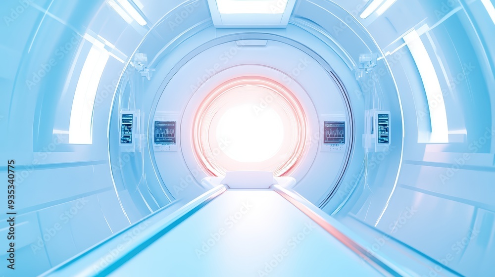 Obraz premium Futuristic medical imaging room with bright light and sleek design, showcasing advanced technology for diagnostics and healing.