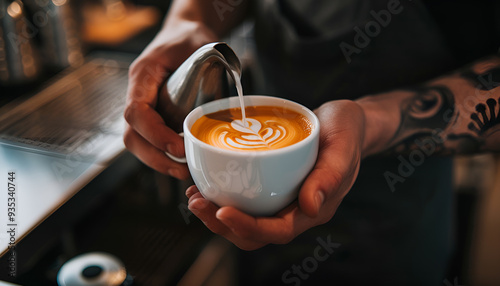 hands of barista filling a white cup with coffee