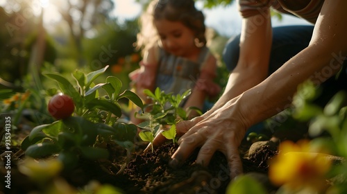 Close-up of hands gardening with a child in the background photo