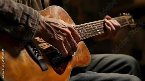 Close-up of hands playing an acoustic guitar photo