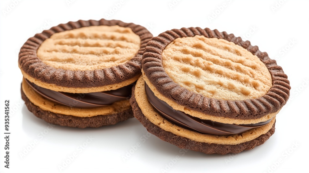 Two chocolate sandwich cookies with creamy filling isolated on white background. Two chocolate sandwich cookies with creamy filling isolated on white background.