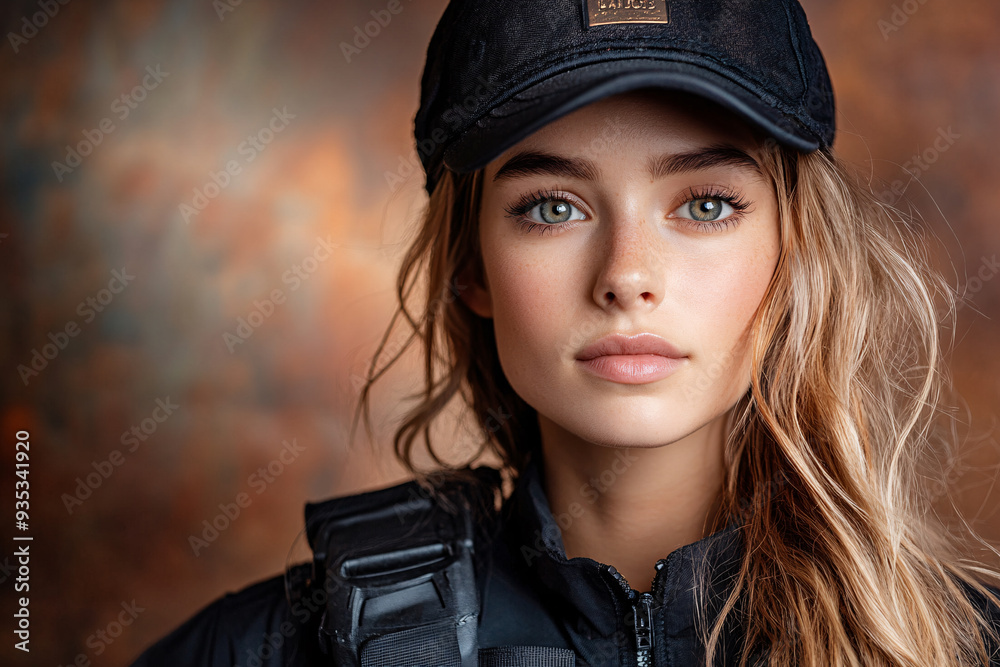 A woman with long blonde hair and green eyes is wearing a black hat and a black jacket A woman with long blonde hair and green eyes is wearing a black hat and a black jacket