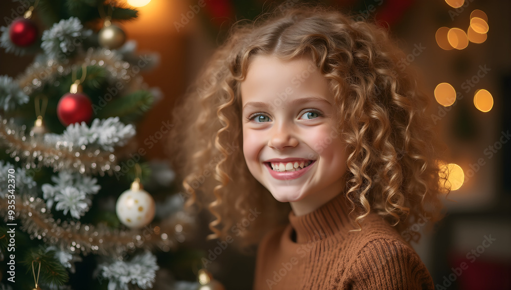 a close-up portrait of a little girl standing next to a stand with Christmas decorations a close-up portrait of a little girl standing next to a stand with Christmas decorations