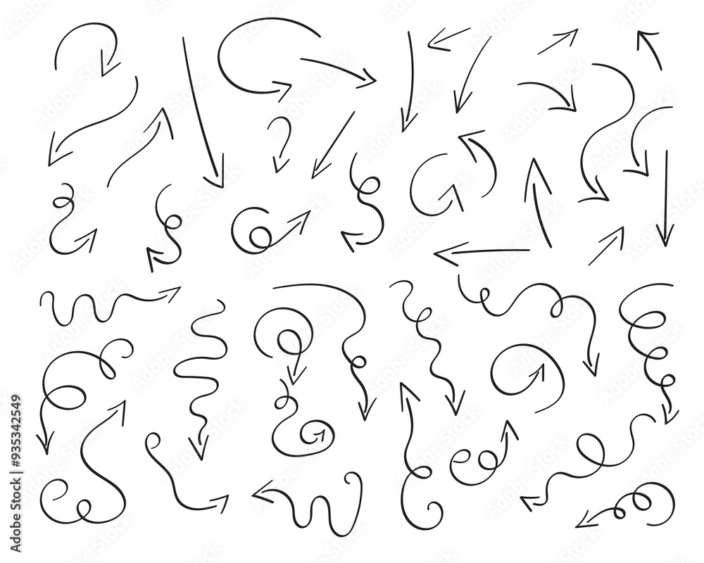 Arrows set, hand drawn doodle direction twist indicators, pointers and ...