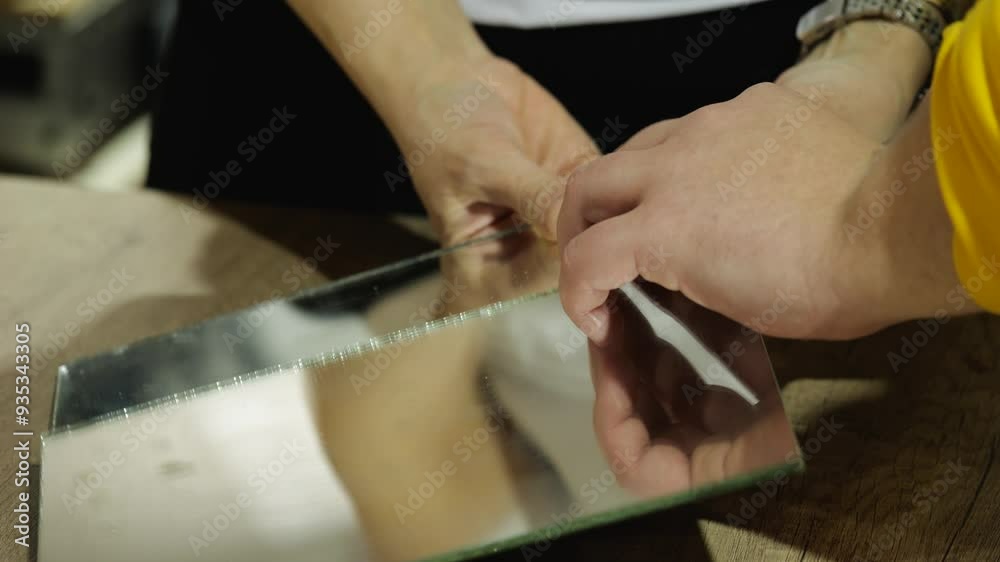 Glaziers breaking thin mirror with their bare hands