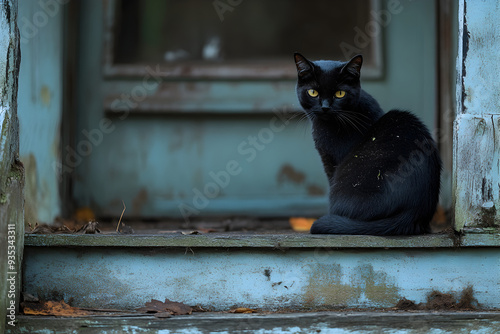 Eerie Encounter, a sleek black cat with an arched back poised on a weathered haunted porch, surrounded by creeping shadows and an air of mystery, evoking a sense of the supernatural