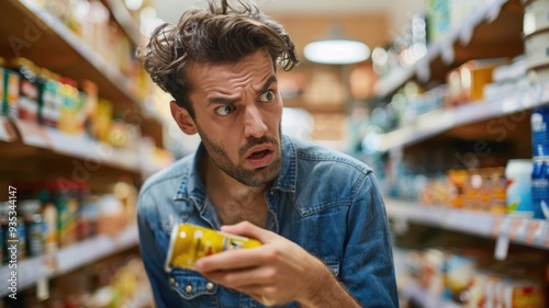 A consumer looking confused while reading a product label , indicating skimpflation photo