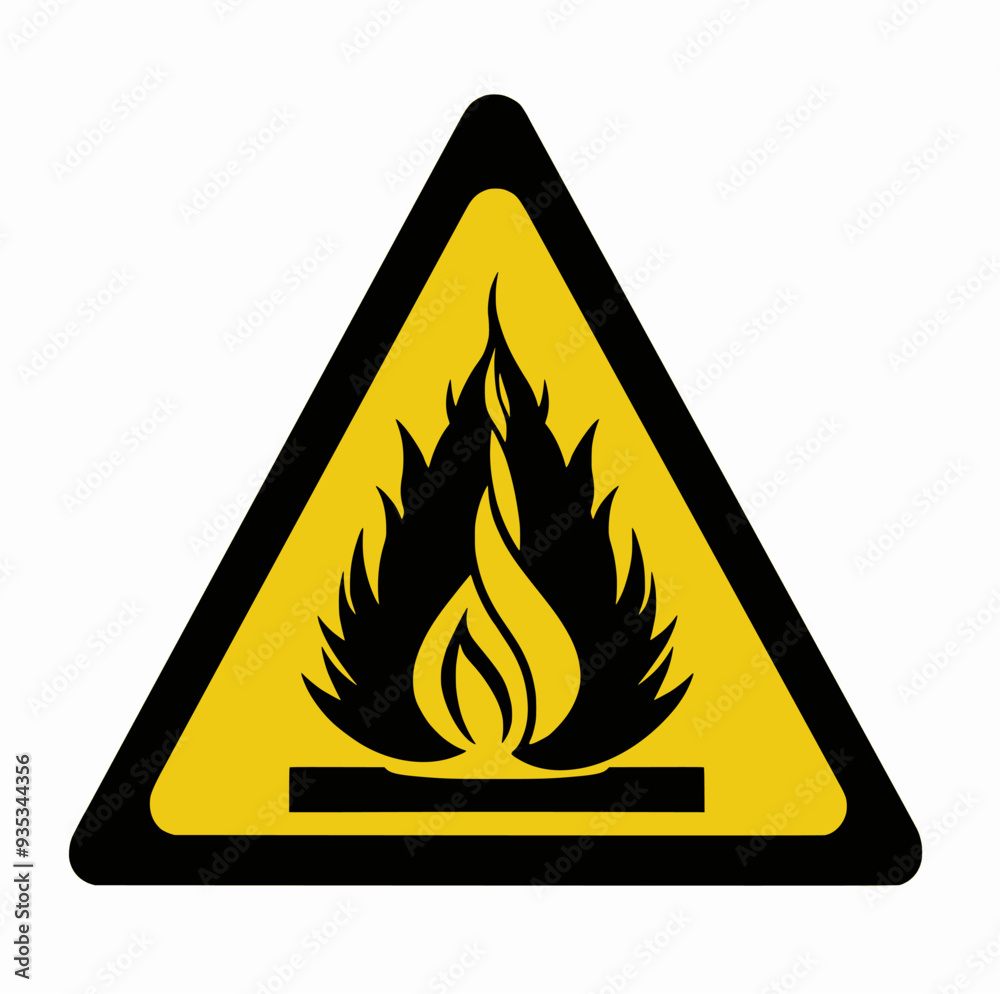 Yellow triangle fire danger warning sign with flame icon, Explosive or flammable substance warning sign, Vector illustration hand drawn isolated on white background Yellow triangle fire danger warning sign with flame icon, Explosive or flammable substance warning sign, Vector illustration hand drawn isolated on white background
