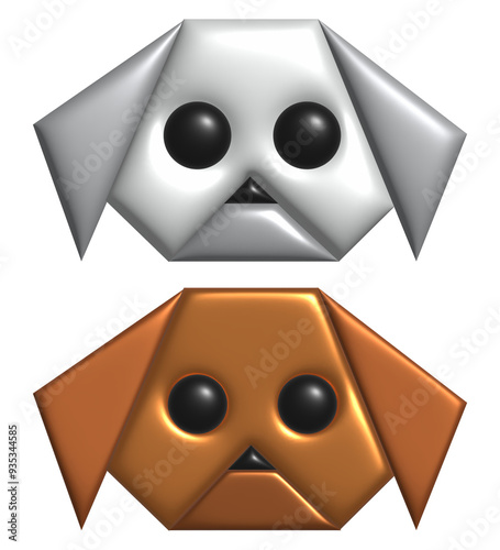 Origami Style Dog Icons in Silver and Copper Tones Mosaic metallic, 3D illustration