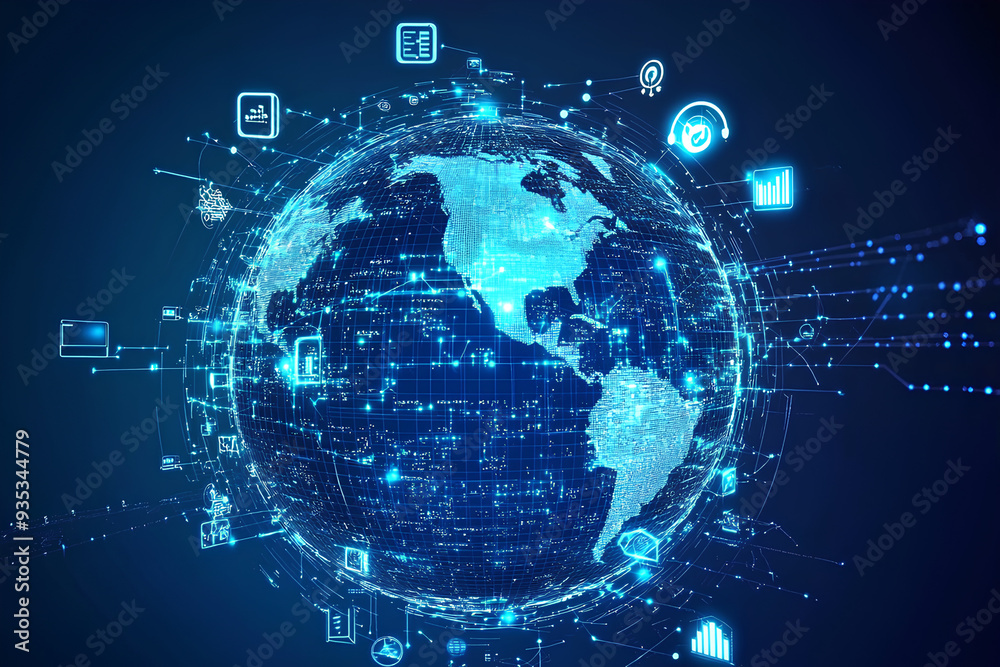 Fototapeta premium technology devices and icons connected to digital planet earth, modern technology