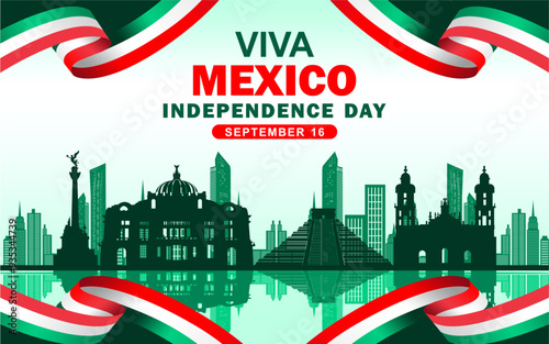 Mexico National Day Banner. Elegant banner with Mexican flag ribbon and silhouettes of famous landmarks for Viva Mexico. Mexican Independence greeting card cover with text.  Mexico Independence day