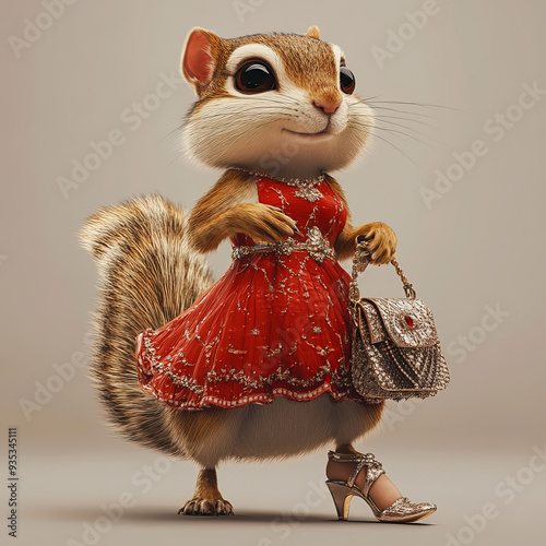 Illustrate an ultracool anthropomorphic chipmunk striking a pose in luxury dress. The chipmunk should be wearing high heels and holding a stylish handheld purse, showcasing a blend of elegance and cha photo