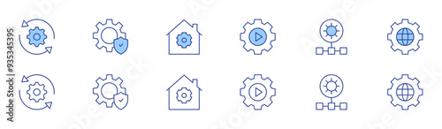 Setting icon set in two styles, Duotone and Thin Line style. Editable stroke. update, settings, network, globe