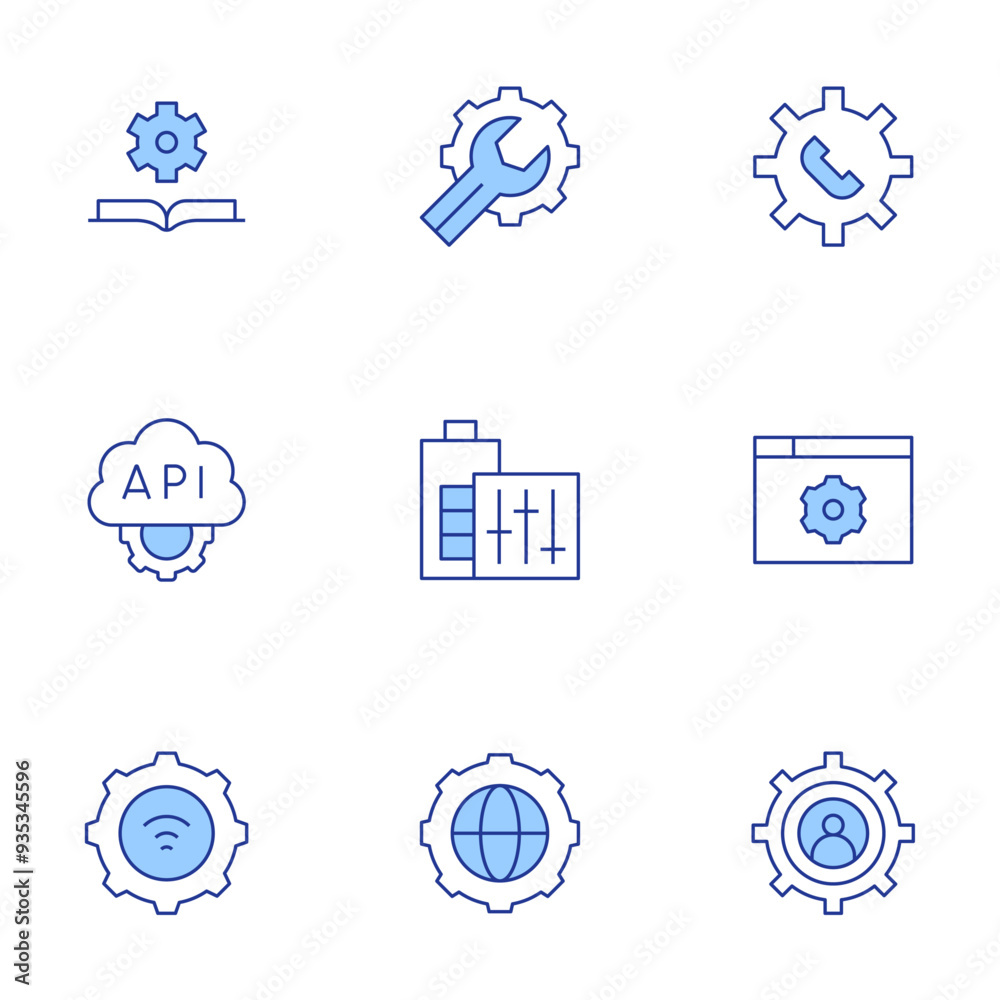 Setting icons set. Line Duotone style, editable stroke. api, international, development, settings, battery, setting, book, wifi Setting icons set. Line Duotone style, editable stroke. api, international, development, settings, battery, setting, book, wifi