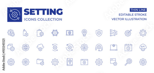 Setting icons collection. Thin Line icons, editable stroke. settings, setting, documentation, network, assistance, cloud computing, gear, update, wifi, manual book