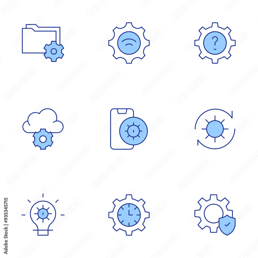 Setting icons set. Line Duotone style, editable stroke. idea, settings, wifi, cloud computing, time Setting icons set. Line Duotone style, editable stroke. idea, settings, wifi, cloud computing, time