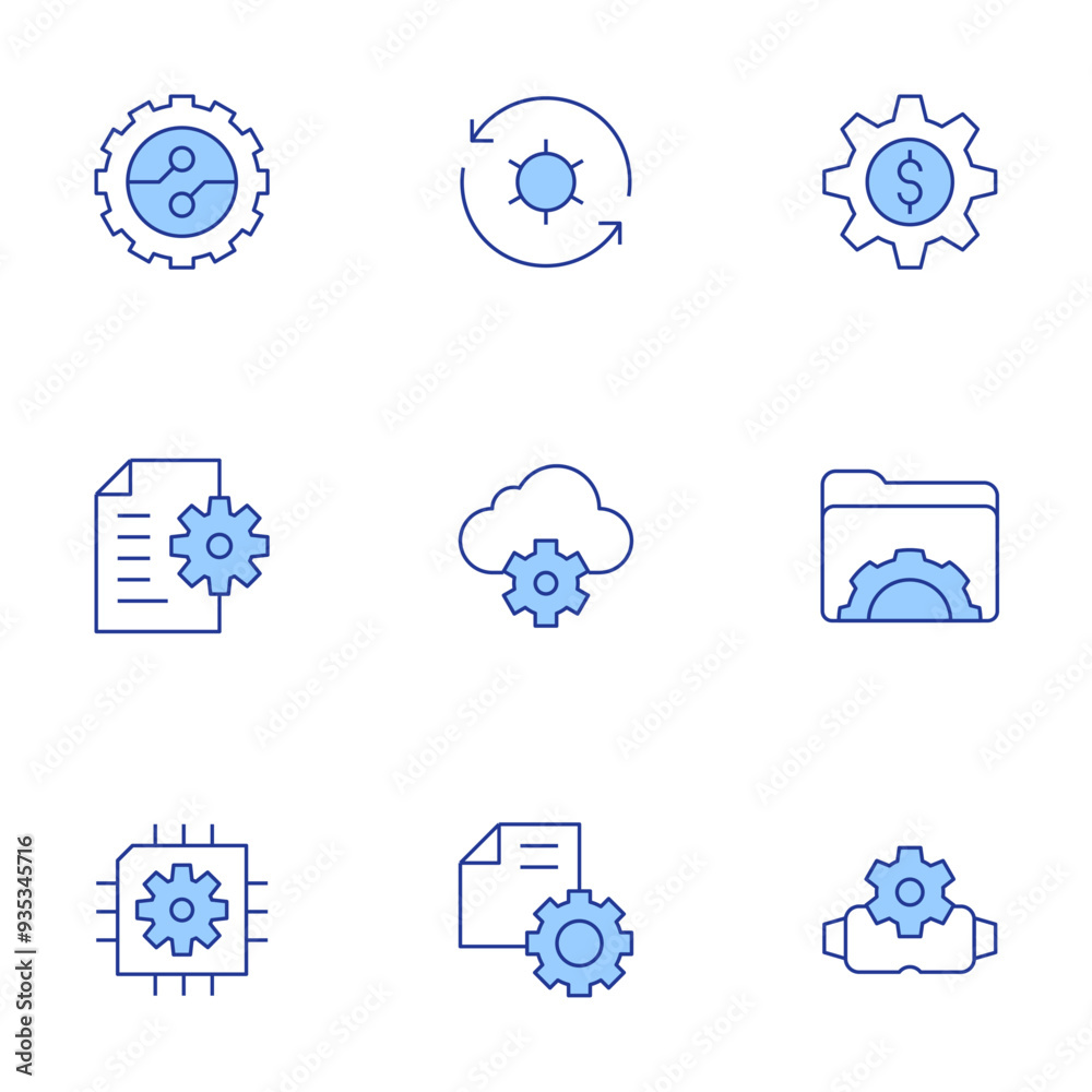 Setting icons set. Line Duotone style, editable stroke. digitalization, settings, gear, document, setting, chip, folder, exchange Setting icons set. Line Duotone style, editable stroke. digitalization, settings, gear, document, setting, chip, folder, exchange