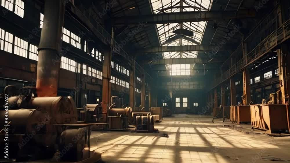 Rustic Factory Interior: The interior of an old industrial factory with large, rusty machines and high ceilings. Rustic Factory Interior: The interior of an old industrial factory with large, rusty machines and high ceilings.