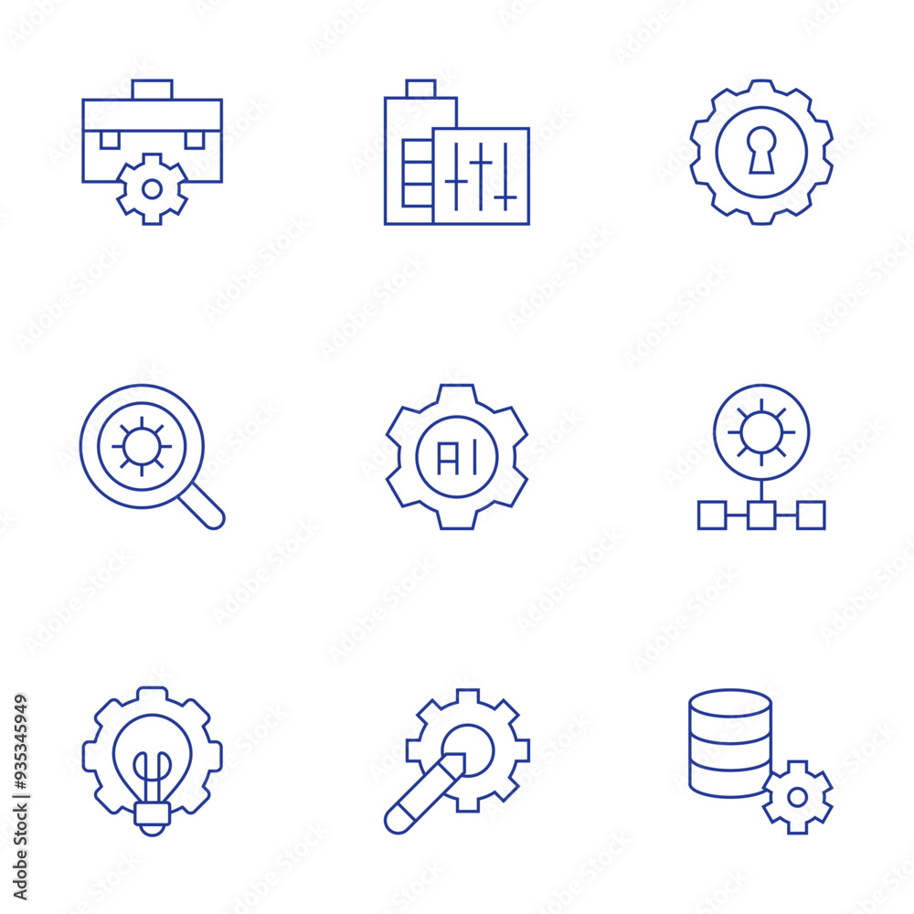 Setting icons set. Thin Line style, editable stroke. idea, artificial intelligence, network, job, battery, data management, settings Setting icons set. Thin Line style, editable stroke. idea, artificial intelligence, network, job, battery, data management, settings