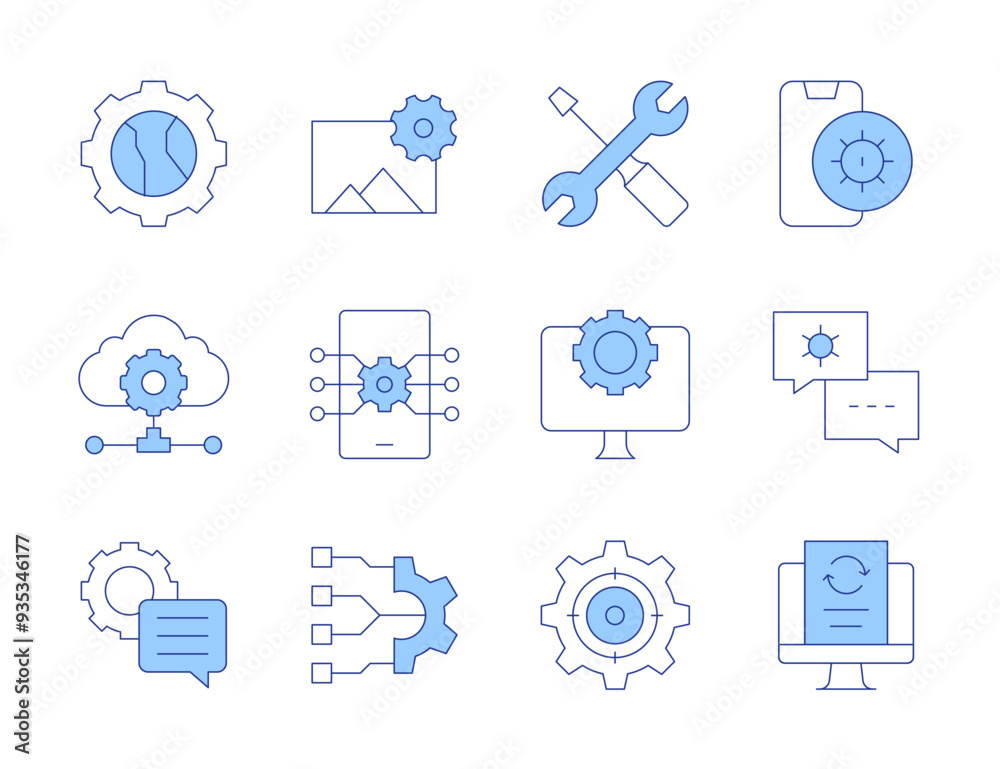 Setting icons. Line Duotone style, editable stroke. chat, data processing, settings, adjustment, system, tools, computer, cloud data Setting icons. Line Duotone style, editable stroke. chat, data processing, settings, adjustment, system, tools, computer, cloud data