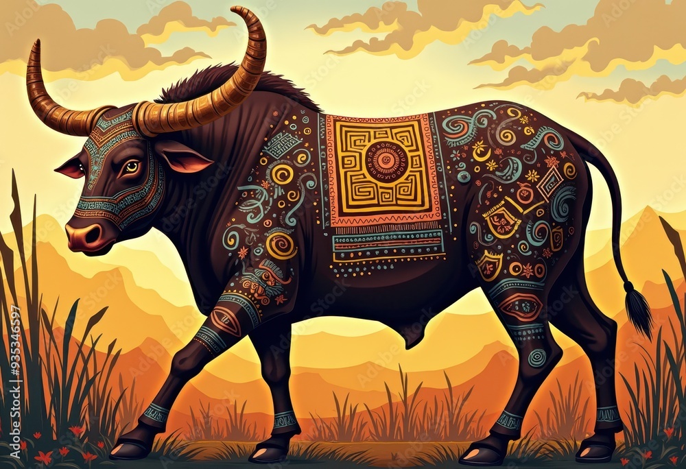 Fototapeta premium Decoratively painted bull walking through a vibrant landscape at sunset