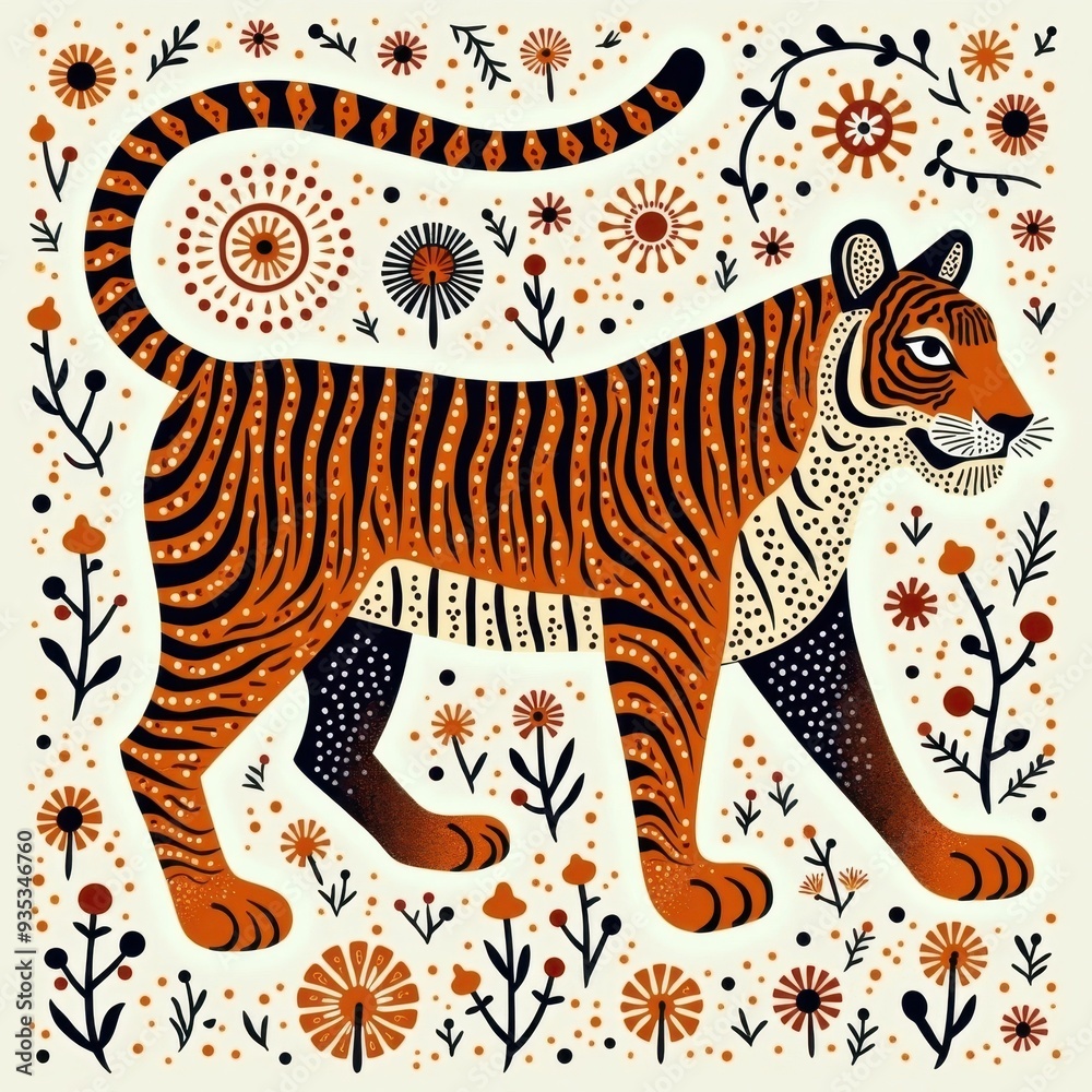 Obraz premium Colorful tiger walking among floral patterns in a whimsical, artistic design