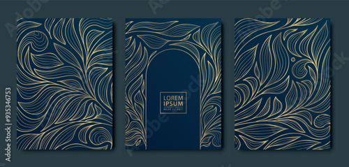 Vector set of art deco flourish leaves ornaments with arch. Vintage japanese luxury borders, frames, covers and labels. Nouveau wedding gold and black floral patterns.