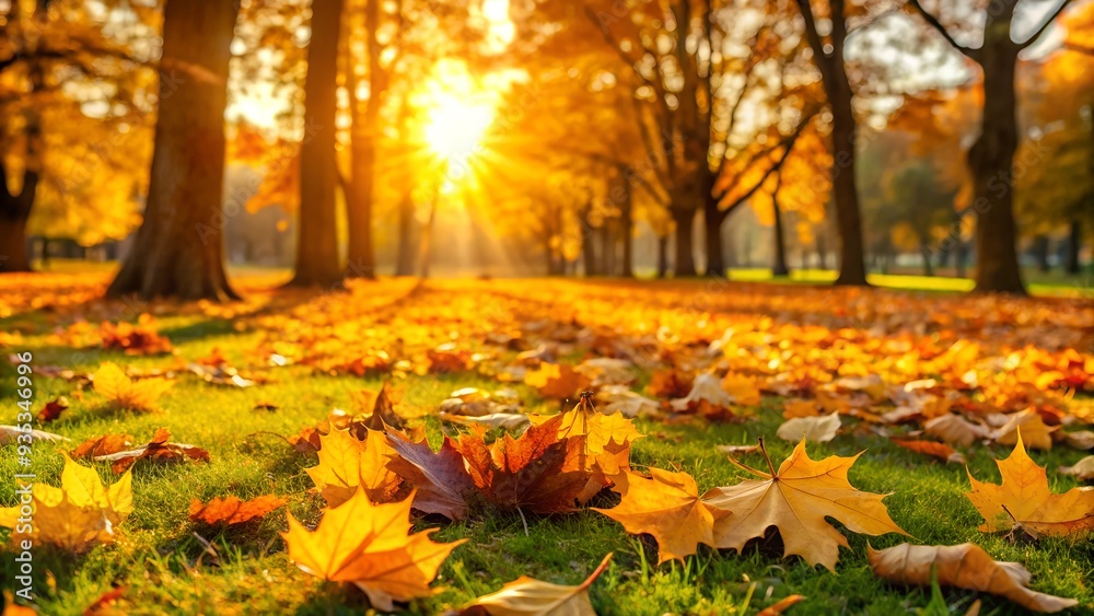 Golden autumn leaves on grass in the park Golden autumn leaves on grass in the park
