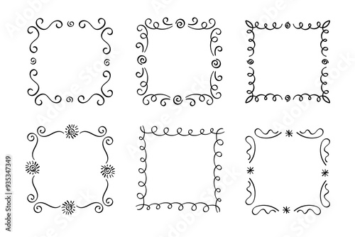 Square doodle frames ,hand-drawn monograms.Edgings and cadres with simple sketchy design elements.Isolated. Vector illustration.