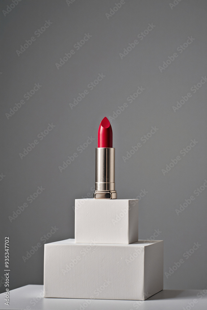 Professional mockup product photography of a red lipstick standing on a white paper block Professional mockup product photography of a red lipstick standing on a white paper block