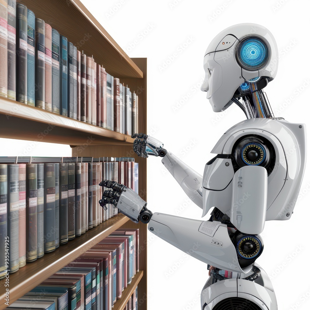 AI robot organizing books on a shelf, scanning titles with optical sensors, isolated on a white background. AI robot organizing books on a shelf, scanning titles with optical sensors, isolated on a white background.