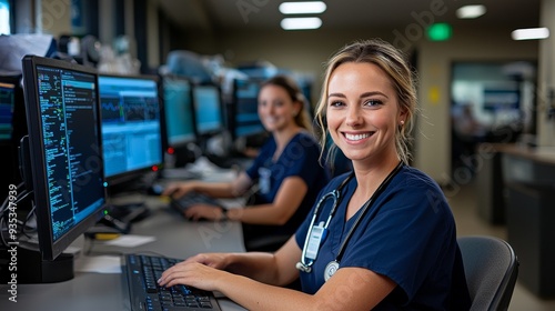 Hospital staff working at computers in the nurses station.