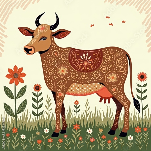 Decoratively patterned brown cow standing among vibrant flowers in a lush green meadow