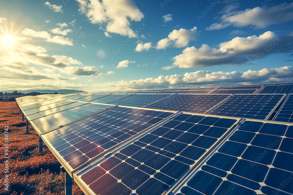 Strom aus Erneuerbaren Energien, Solarzellen einer Photovoltaikanlage, Generative AI