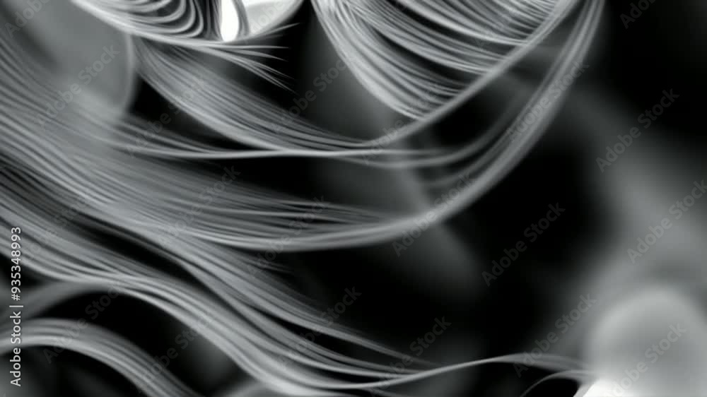 abstract monochrome black white silk satin background with swirling wave ink pattern, flowing lines, blurry floated wave, liquid fluid. smooth motion waves design. looped animation. seamless footage.