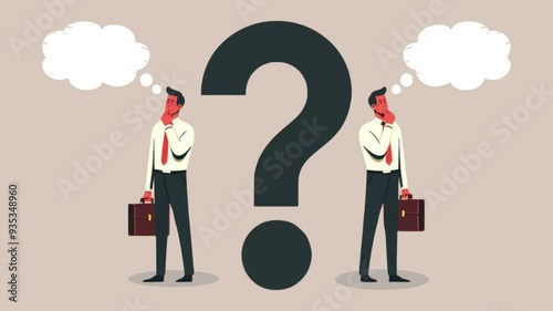 decision making, full of consideration, two businessmen with full consideration between questions while imagining something through message bubbles