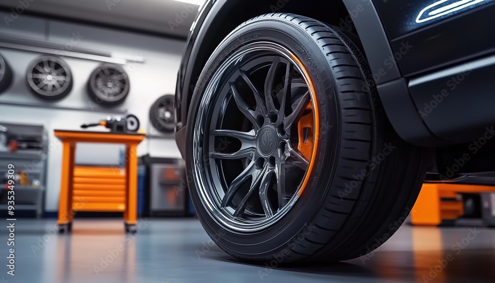 A close-up of the tire and wheel on an SUV, set against the backdrop of garage equipment like jacks and tires in bright orange and black colors. A close-up of the tire and wheel on an SUV, set against the backdrop of garage equipment like jacks and tires in bright orange and black colors.