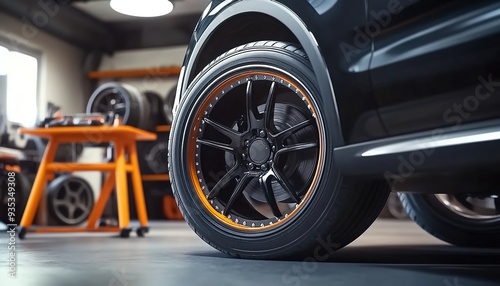 Wallpaper Mural A close-up of the tire and wheel on an SUV, set against the backdrop of garage equipment like jacks and tires in bright orange and black colors.  Torontodigital.ca