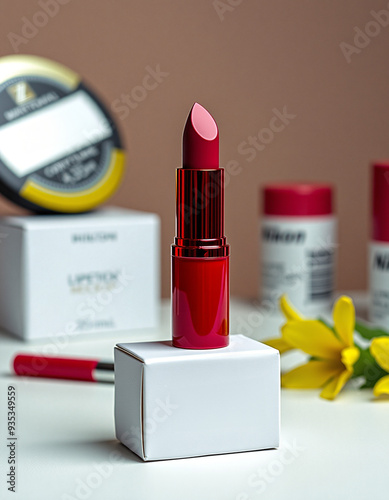 Professional mockup product photography of a red lipstick standing on a white paper block 
