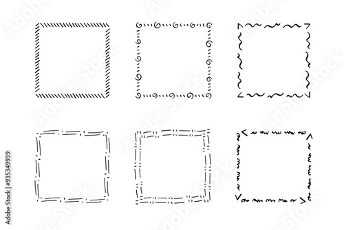 Square doodle frames ,hand-drawn monograms.Edgings and cadres with simple sketchy design elements.Isolated. Vector illustration.