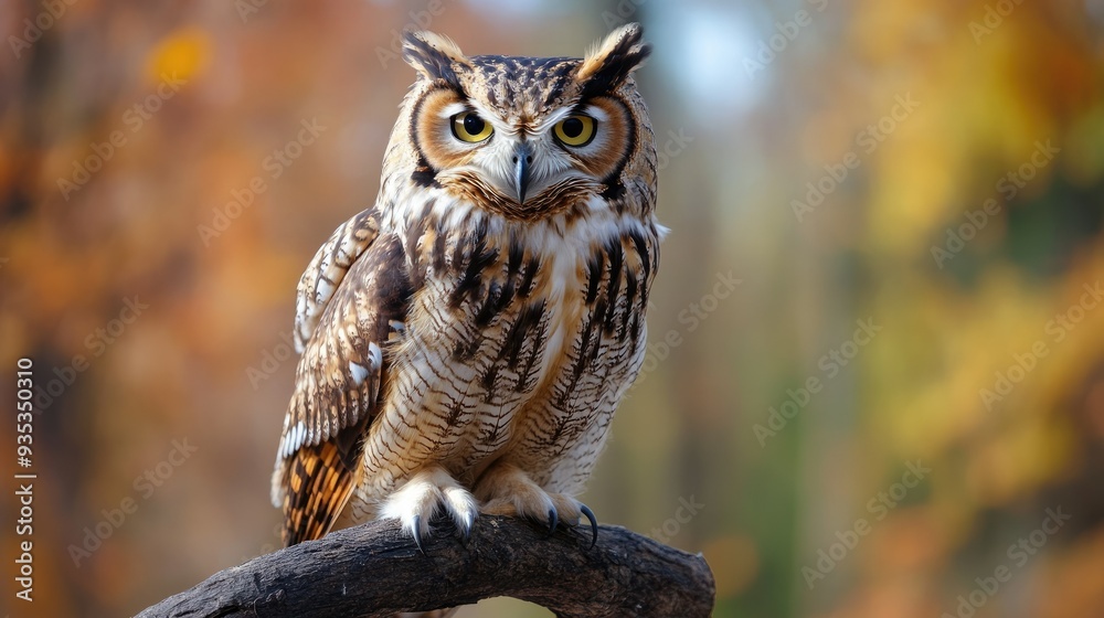 Close-up of a fluffy owl perched on a branch, showcasing its brown and white patterned feathers, ideal for nature themes with copy space Close-up of a fluffy owl perched on a branch, showcasing its brown and white patterned feathers, ideal for nature themes with copy space