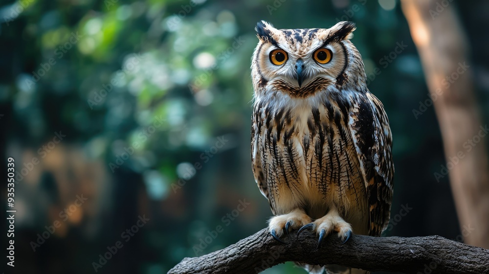 Close-up of a fluffy owl perched on a branch, showcasing its brown and white patterned feathers, ideal for nature themes with copy space Close-up of a fluffy owl perched on a branch, showcasing its brown and white patterned feathers, ideal for nature themes with copy space