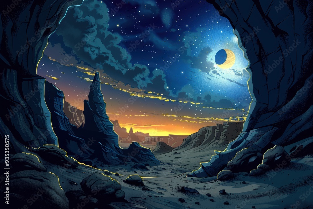 Fototapeta premium Night Sky View from a Cave in a Rocky Desert Landscape