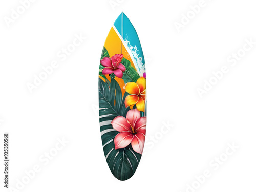 Brightly colored surfboards decorated with tropical floral patterns and green leaves on a colored background. Ideal for designing products related to water sports, summer or the beach lifestyle.