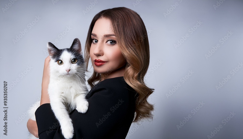 beautiful woman black dress white cat, AI generated beautiful woman black dress white cat, AI generated
