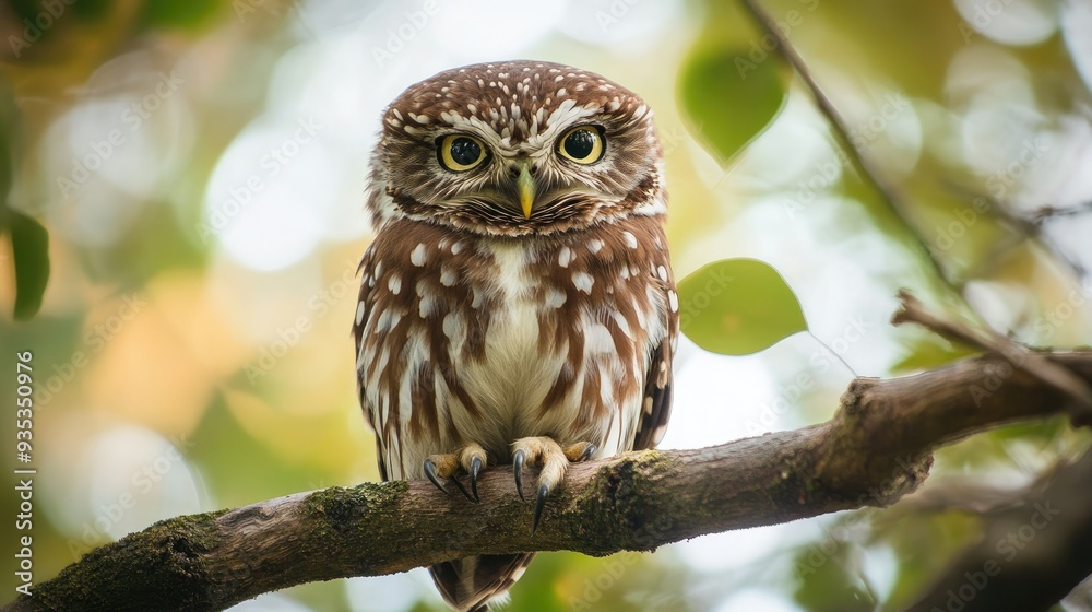 Fluffy owl with brown and white patterned feathers, perched on a tree branch, looking alert, with plenty of space for copy Fluffy owl with brown and white patterned feathers, perched on a tree branch, looking alert, with plenty of space for copy